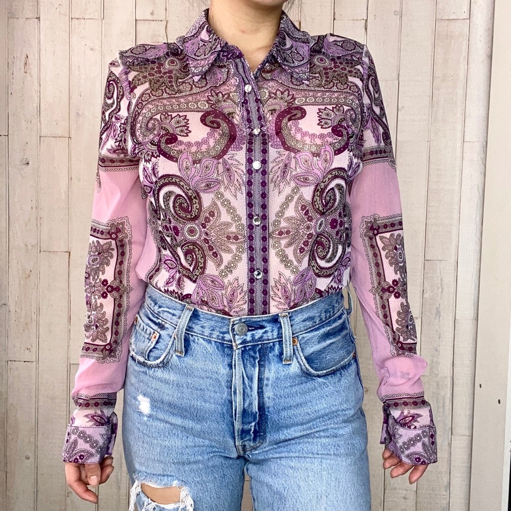 Purple Paisley Mesh Button Down Long Sleeve Top